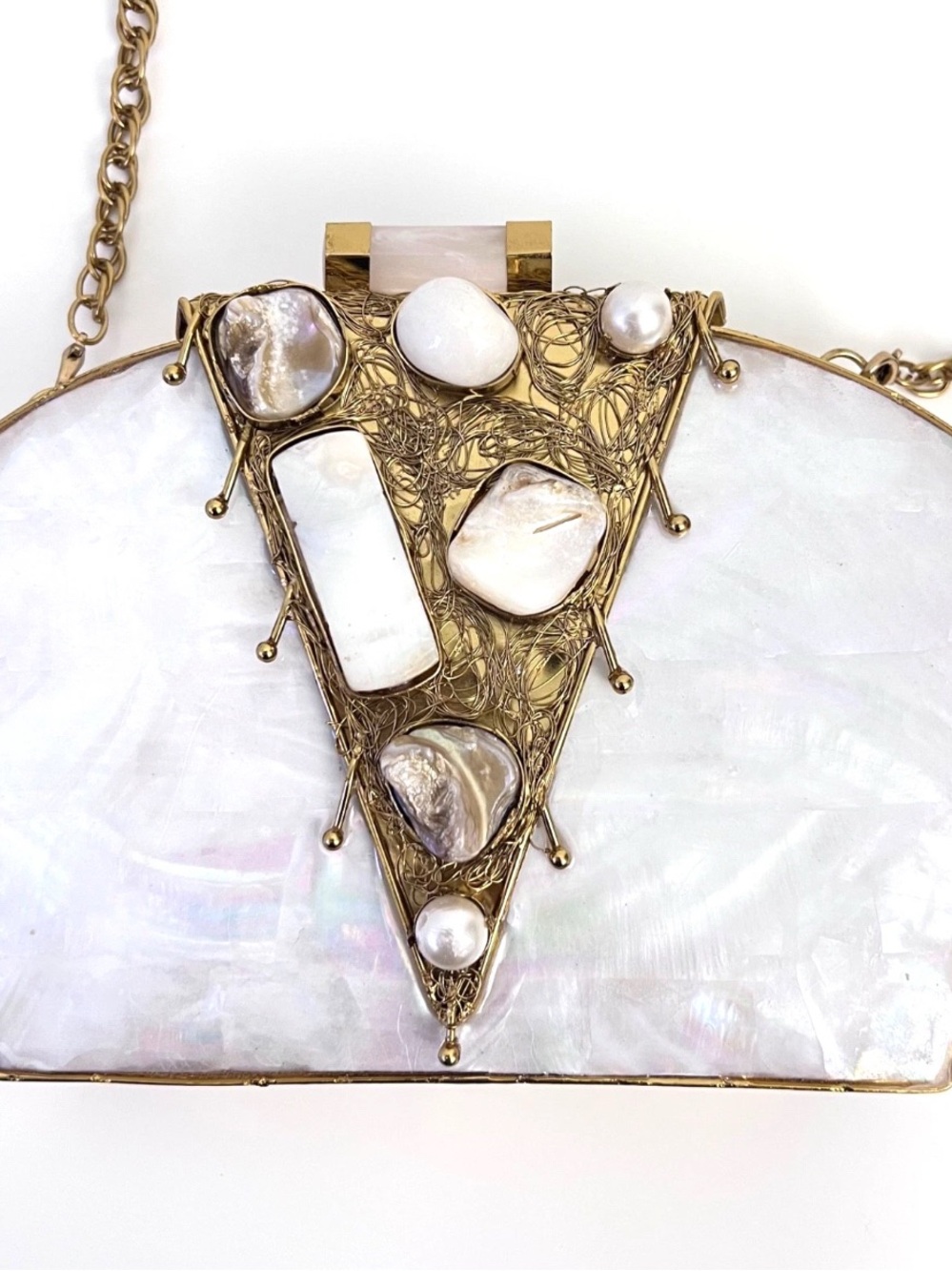 Ramla La Perle Gemstone Clutch Bag Mother of Pearl Handmade Gold White NEW - Picture 2 of 11